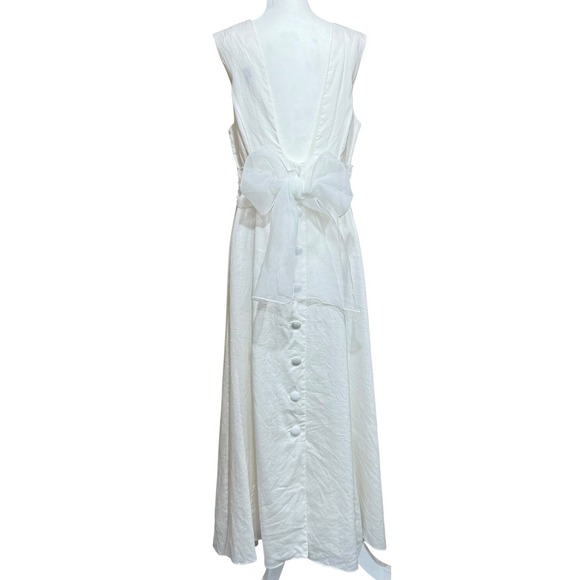 Linen Women's Ivory White Midi Wedding Dress‎ Organza Tie Bow Back Buttons SZ 14